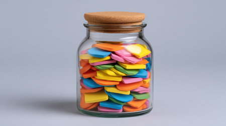 This image features a clear glass jar filled with vibrant sticky notes of various colors, capped with a cork lid. It presents an appealing organizational solution for creative workspaces.の素材