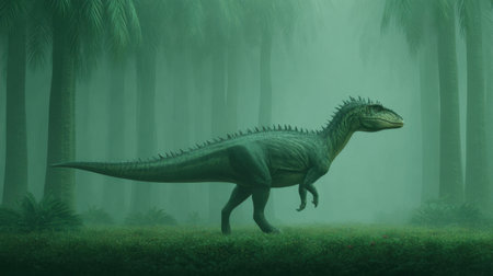 This captivating illustration features a dinosaur navigating through a misty prehistoric forest, surrounded by towering trees and rich greenery, inviting viewers into a world of ancient wildlife and mystery.の素材