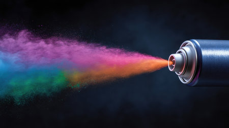 This image showcases a dynamic spray of vibrant paint colors bursting from a spray can, creating an energetic explosion against a dark background.の素材