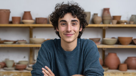 A young male potter smiles warmly at the camera in a vibrant creative studio full of handmade ceramics and pottery items. The inviting atmosphere showcases his artistic talent and passion for craftsmanship.の素材