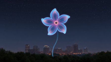 A captivating neon flower stands tall above an urban skyline at night, illuminated by vibrant colors against a starry sky, blending nature and modern art.の素材