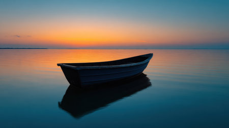 A serene sunset scene featuring a single boat floating peacefully on calm waters. The vibrant colors of the sky reflect beautifully on the water, creating a tranquil atmosphere. Perfect for evoking feelings of solitude and relaxation.の素材
