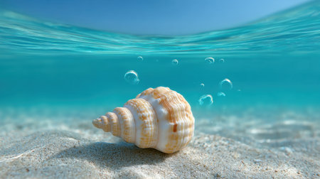 This captivating underwater image showcases a beautifully detailed shell resting on soft sand with gentle bubbles rising. The tranquil blue water adds to the serene atmosphere, creating a perfect snapshot of oceanic beauty. Ideal for projects related to nature, travel, and relaxation.の素材