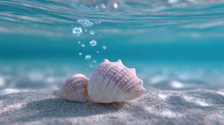 Discover a serene underwater scene showing delicate sea shells resting on sandy ocean floor, accented by gentle bubbles in clear blue water.の素材