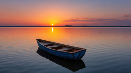 A small boat floats peacefully in calm waters during a stunning sunrise, casting reflections across the surface. This tranquil scenic view captures nature's beauty.の素材