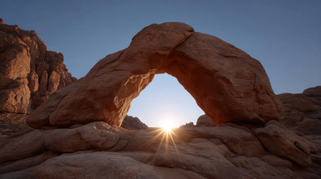 Stunning view of a natural rock arch illuminated by the soft glow of sunrise, showcasing the unique beauty of desert landscapes and geological formations.の素材