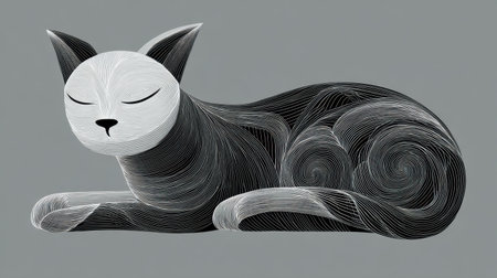 This artwork features an abstract illustration of a cat rendered in black and white lines against a soft gray backdrop, ideal for modern decor or design projects.の素材