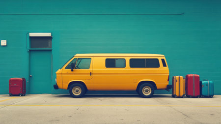 A vibrant yellow van stands next to colorful suitcases against a striking teal wall, capturing the essence of travel and adventure in an urban environment.の素材