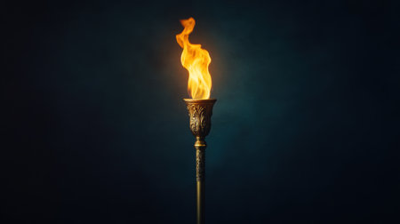 A stunning golden torch ignites with vibrant flames, casting a warm glow against a rich blue background, evoking themes of light, hope, and creativity.の素材