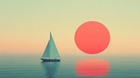This stunning artwork captures a sailboat drifting on calm waters beneath a vibrant sunset, with a massive sun reflecting on the serene surface, evoking tranquility.の素材