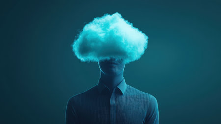 This surreal image features a person with a cloud on their head, embodying themes of creativity and daydreaming, set against a tranquil blue background that evokes calm and inspiration.の素材