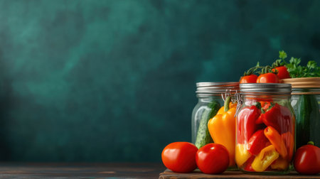 Lively assortment of fresh vegetables stored in glass jars, showcasing colorful peppers and ripe tomatoes, perfect for promoting health and sustainability in cooking.の素材