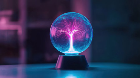 This captivating image showcases a glowing energy tree within a glass sphere. The vibrant neon lights create a mystical ambiance, perfect for artistic projects and backgrounds.の素材