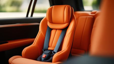This image features a bright orange child safety seat installed in a modern car. The design emphasizes safety and comfort, ideal for young passengers during travel.の素材