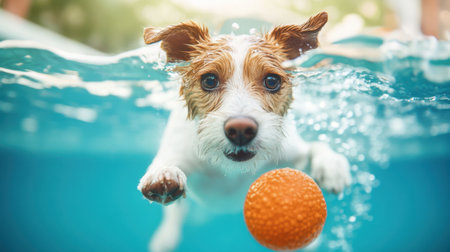 A joyful dog swims underwater towards an orange ball, capturing the essence of playful moments in a sunny swimming pool, perfect for pet lovers and aquatic fun.の素材