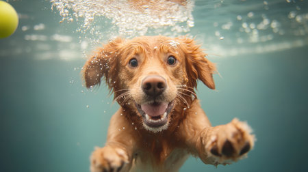 A lively golden retriever dog is joyfully swimming underwater, capturing the essence of adventure and fun while chasing a ball in a sparkling blue pool.の素材
