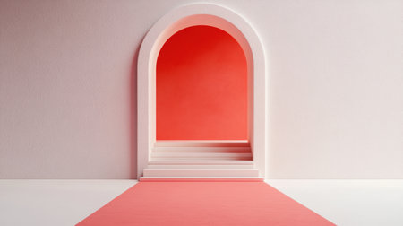 A visually striking entrance featuring a modern arched doorway against a vibrant red background, enhanced by a clean and minimalistic design, perfect for artistic projects.の素材