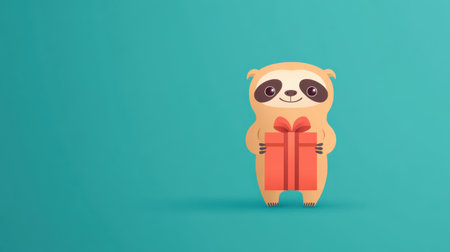 Adorable cartoon sloth holding a colorful gift box, exuding joy and playfulness, perfect for children's projects and festive designs. Vivid and cheerful!の素材