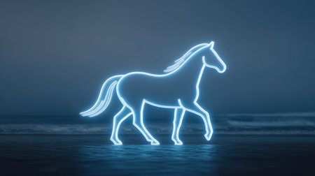 A glowing neon silhouette of a horse gracefully walks on tranquil water, surrounded by a dreamlike fog. The minimalist design evokes beauty, freedom, and serenity.の素材