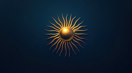 This image features a radiant golden sun emblem with elongated rays set against a rich blue background, perfect for art, design, and decorative purposes.の素材