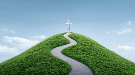 A serene image depicting a winding path ascending a lush green hill, leading to a symbolic cross under a bright blue sky, representing faith and peace.の素材