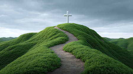 A tranquil image showcasing a winding pathway leading to a white cross atop a verdant hill. The dramatic cloudy sky enhances the spiritual atmosphere.の素材