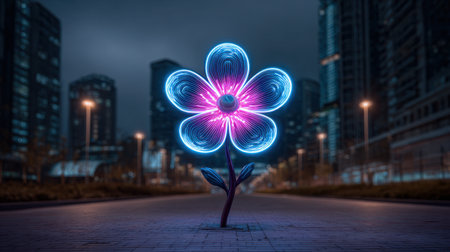 A stunning neon flower illuminated against a modern city backdrop at night, showcasing vibrant colors and artistic design, perfect for creative projects.の素材