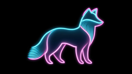 This digital illustration features a stylized fox outlined in vibrant neon colors, set against a dark background, radiating a sense of modern elegance and creativity.の素材