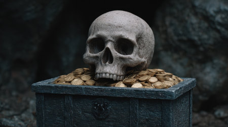 This atmospheric image features a skull resting atop a pile of gold coins in a weathered box, set against a rocky backdrop, evoking mystery and intrigue.の素材