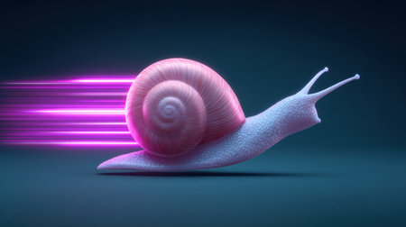 This image depicts a snail in motion, enhanced with colorful speed effects against a blue background, ideal for representing concepts of speed and pace.の素材