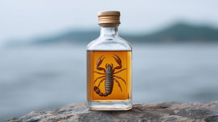 A striking glass bottle containing a scorpion in amber liquid, set against a serene waterfront scene, showcasing intricate details and captivating natural beauty.の素材