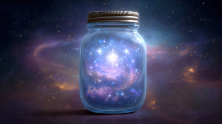 A mystical jar contains a vibrant galaxy filled with stars and nebula, creating a serene and surreal scene that sparks imagination and wonder.の素材