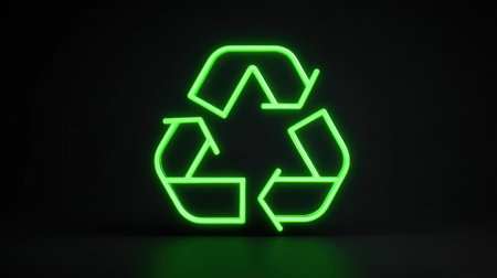 A vibrant green neon recycling symbol illuminated against a dark background, perfect for representing eco-friendly concepts and sustainable practices.の素材