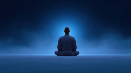 A tranquil scene of an individual practicing meditation, surrounded by soft blue light and fog, evokes feelings of peace and introspection.の素材