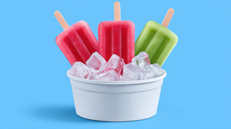 A vibrant bowl of colorful ice pops sits atop ice cubes, showcasing refreshing fruity flavors perfect for summer enjoyment. The bright blue background enhances the cheerful presentation, making it an ideal sweet treat for warm days or festive gatherings.の素材