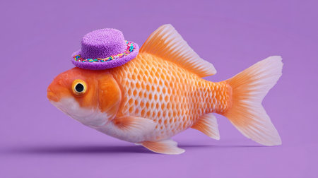 A playful goldfish dons a colorful party hat, swimming gracefully in front of a soft light purple background, creating an eye-catching and whimsical image.の素材