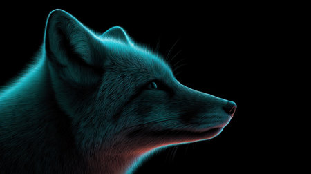 A captivating artistic representation of a fox's head in neon colors, showcasing glowing features against a stark dark background. Ideal for modern design.の素材