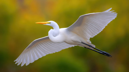 A stunning image of a Great Egret in flight, showcasing its beautiful wings and striking yellow beak against a vibrant green background.の素材