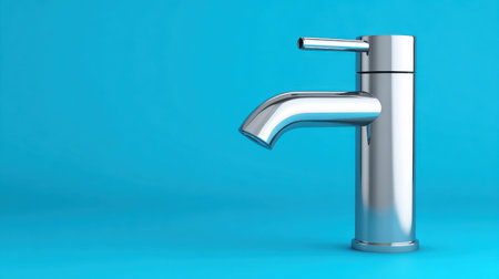 A sleek and shiny chrome faucet stands prominently against a bright blue background, symbolizing modern design in kitchens or bathrooms.の素材