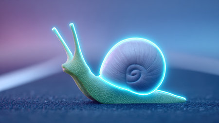 A glowing snail rests on a dark surface, surrounded by an abstract and colorful background. This enchanting image highlights the beauty of nature and light.の素材