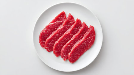 Freshly sliced raw beef arranged neatly on a white plate, ideal for cooking or culinary presentation, highlighting its vibrant color and texture.の素材