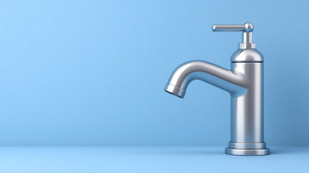 This image features an elegantly designed stainless steel faucet against a serene blue background, showcasing modern aesthetics and minimalistic charm ideal for kitchen or bathroom decor.の素材