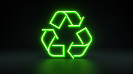 A vibrant neon green recycling symbol illuminates against a dark background, representing eco-friendly and sustainable practices for a better future.の素材