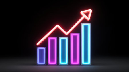 This neon graph illustration features rising bars and an upward arrow, symbolizing growth and success in business. Ideal for finance and marketing use.の素材
