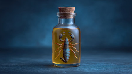 This visually striking image features a glass bottle containing a scorpion preserved in golden liquid. Perfect for projects related to biology, nature, and artistry.の素材