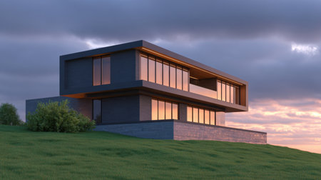 A stunning view of a modern minimalist house set on a green hill, featuring sleek lines, large glass windows, and a dramatic sky background.の素材