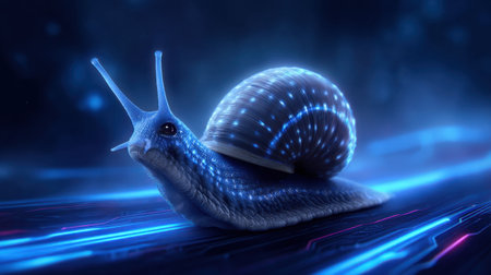 A captivating image of a glowing snail set against a neon landscape, showcasing intricate patterns and vibrant colors, ideal for futuristic and artistic themes.の素材