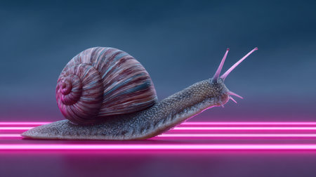 A mesmerizing macro shot of a colorful snail gliding on a neon pink background, showcasing intricate details of its shell and body. The vibrant hues and modern artistic flair create a surreal yet calming atmosphere.の素材