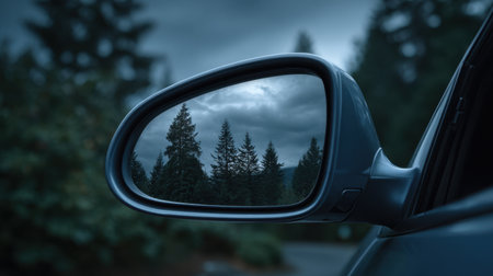 Captivating reflection of trees and a dramatic sky in a car side mirror creates a moody atmosphere, ideal for nature enthusiasts and travelers.の素材