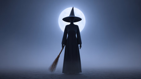 A haunting silhouette of a witch stands with a broom in a foggy landscape, illuminated by the soft glow of a full moon, creating an enchanting and mysterious atmosphere.の素材